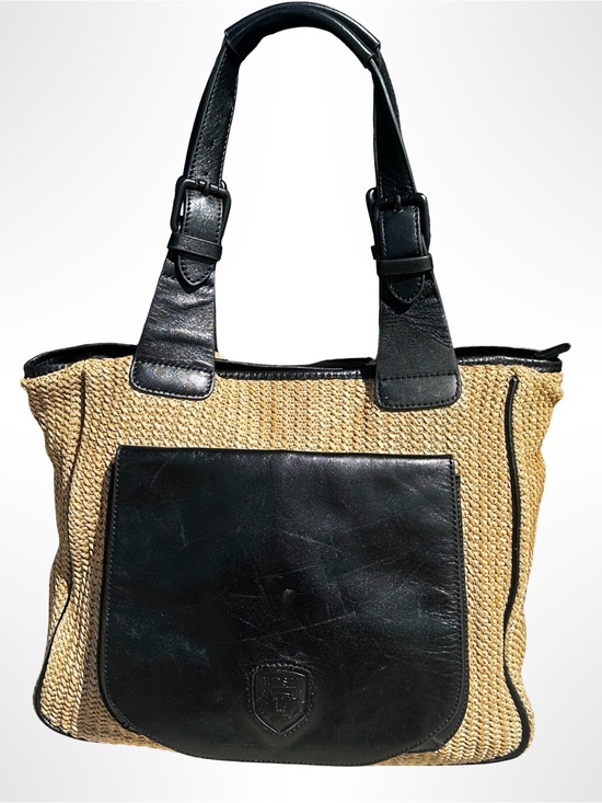 RUDSAK Handbags - RUDSAK Straw Woven Leather Trim Tote Bag Black Flap Pocket Shoulder Purse